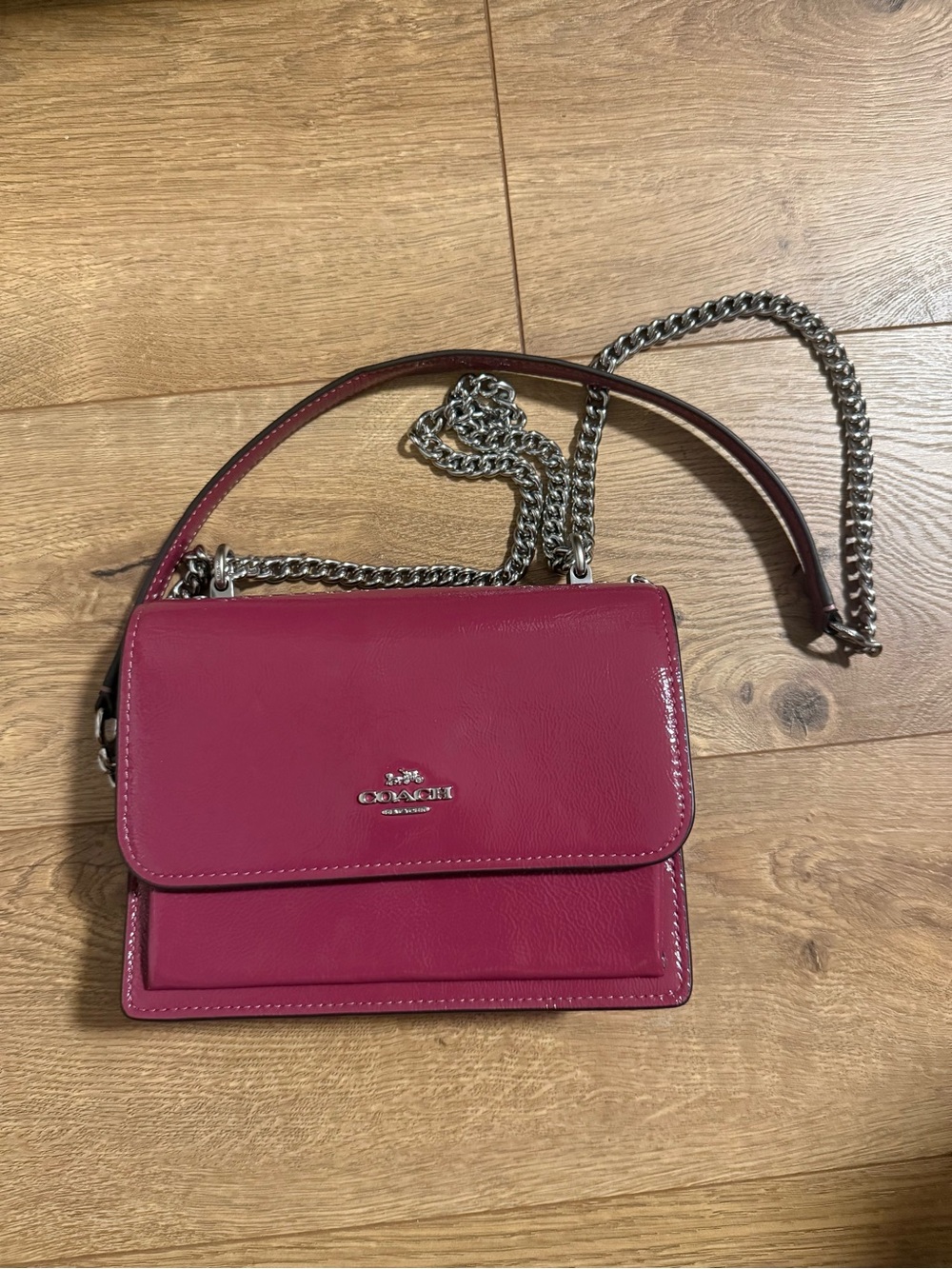 COACH Mini Klare Fuchsia Leather Flap Crossbody with Silver Chain